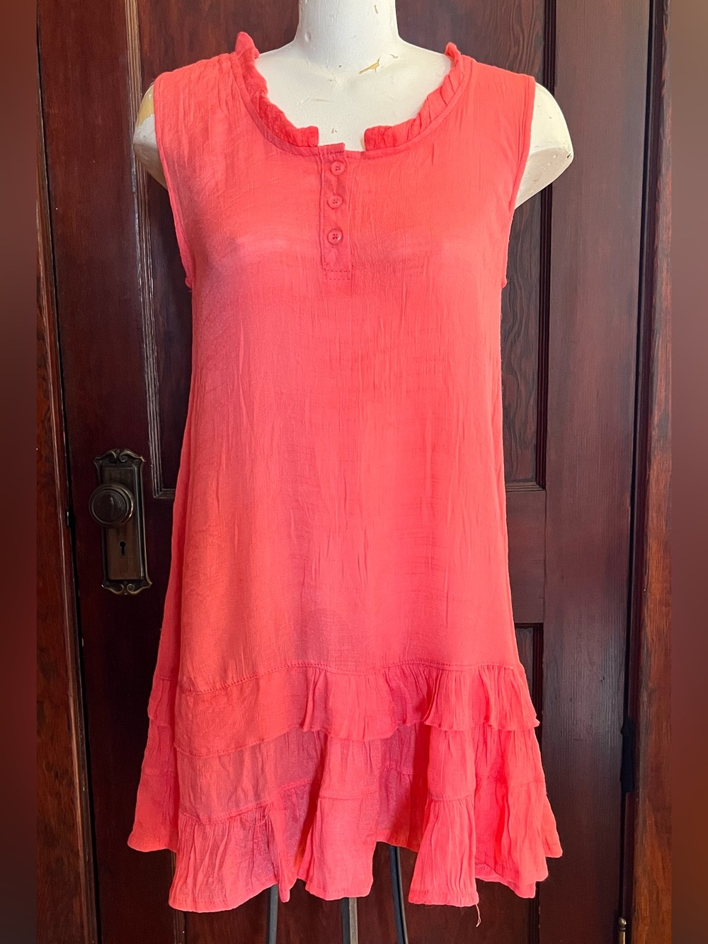 Casa Donna Sleeveless Coral Pink Ruffle Hem Women's Linen/Cotton Dress - Size L